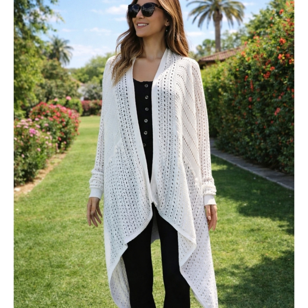 White House Sz M White Open-Front Sweater Coat